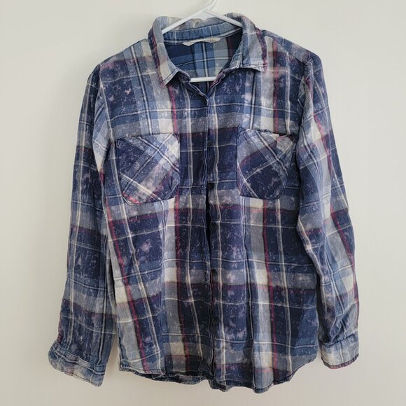 hippie laundry Tops - Hippie Laundry Plaid Flannel Bleached Button Up